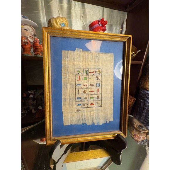 Khedr Other - Egyptian Papyrus Hieroglyphic Alphabet Framed Art Signed Khedr Gold Frame Blue